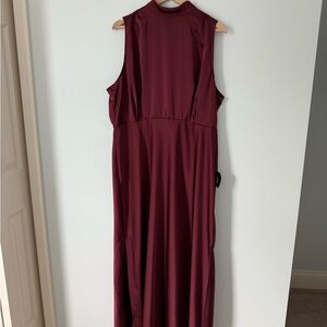 Classic Elegance Wine Satin Sleeveless
Mock Neck Maxi Dress Lulus